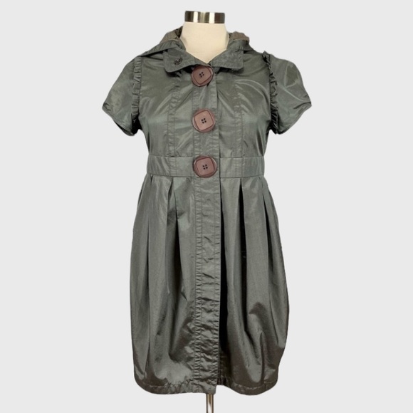 Anthropologie Hazel Womens Green Hooded Rain Trench Coat Short Sleeve size Small - Picture 1 of 13